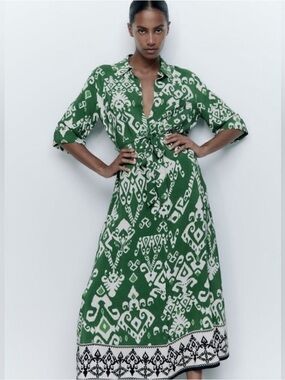 zara the allison button down shirt midi green pattern dress medium
